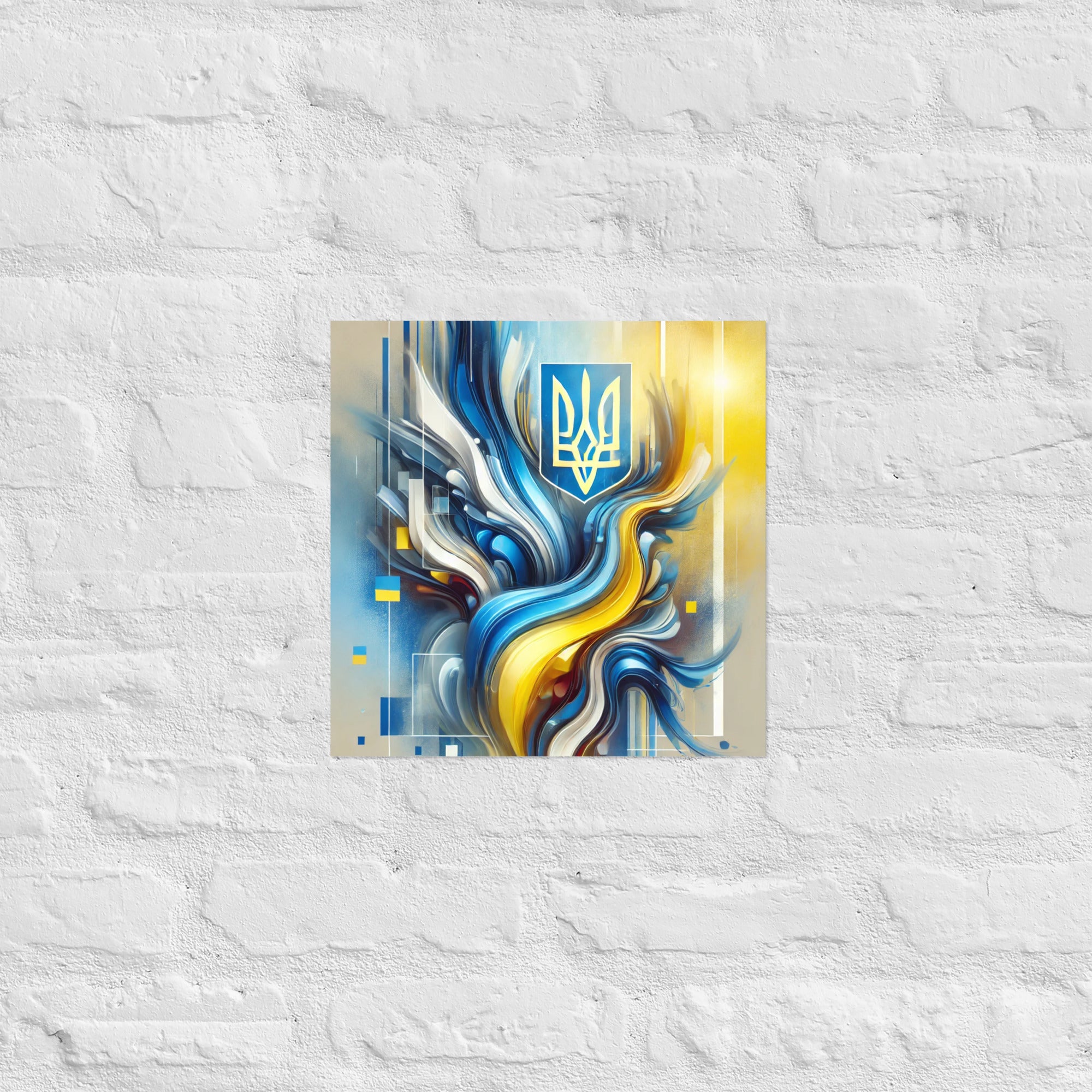 Modern abstract Ukrainian flag art with Tryzub emblem in vibrant blue and yellow on white brick wall.