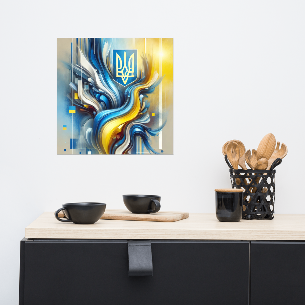 Modern Ukrainian flag abstract art with Tryzub emblem in blue and yellow, displayed above a minimalist kitchen counter.