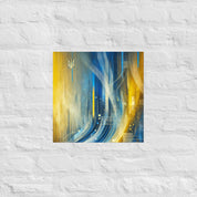 Modern abstract Ukrainian flag poster with Tryzub emblem on a white brick wall, featuring vibrant blue and yellow colors.