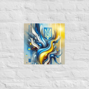 Modern abstract art of Ukrainian flag with Tryzub, featuring blue and yellow design against a white brick wall background.