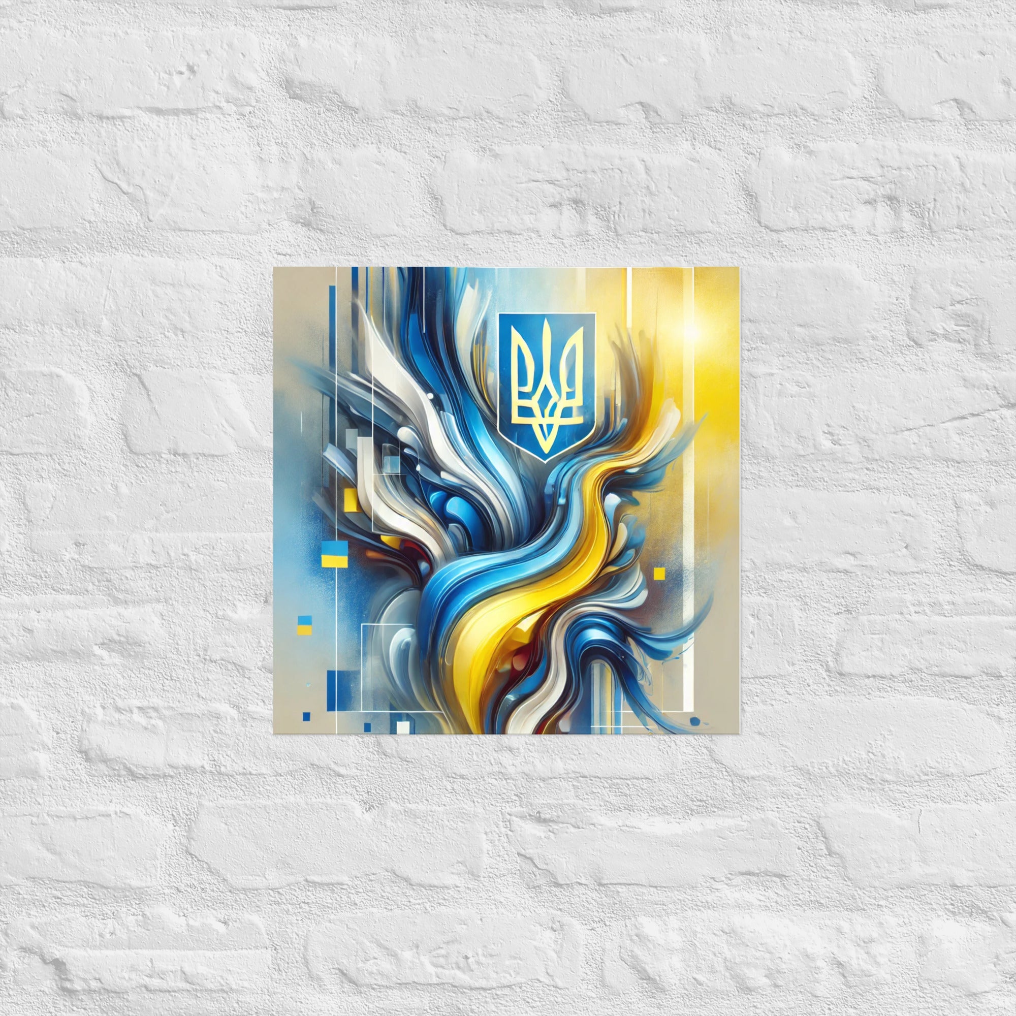Modern abstract art of Ukrainian flag with Tryzub, featuring blue and yellow design against a white brick wall background.