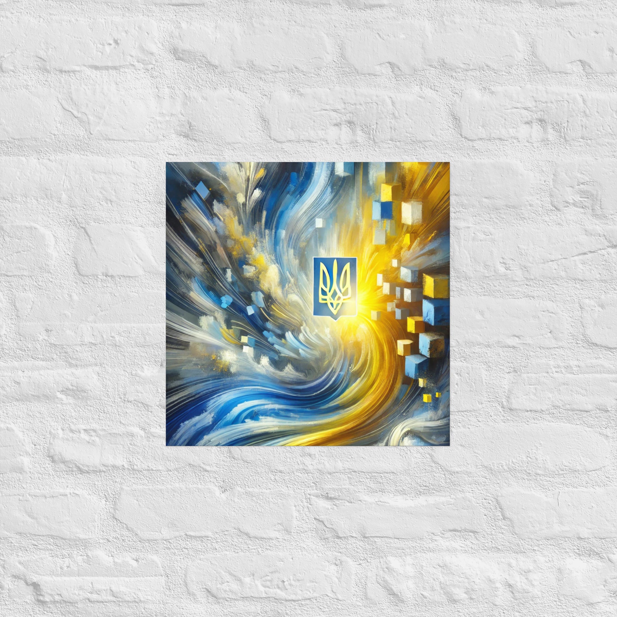 Abstract Ukrainian flag art with Tryzub emblem, showcasing vibrant blue and yellow colors on a textured white brick wall.