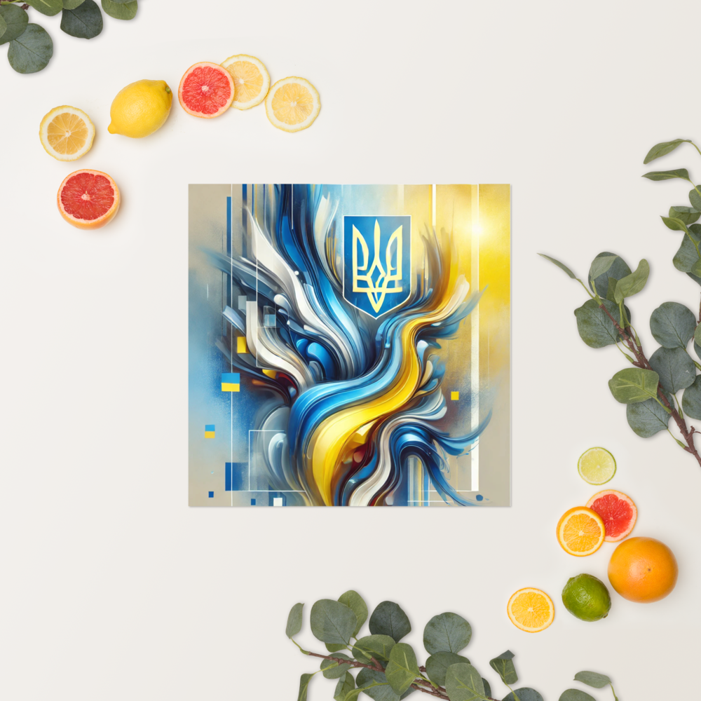 Modern Ukrainian flag abstract art with Tryzub emblem in blue and yellow.