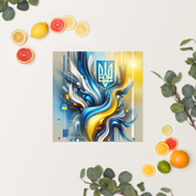 Modern Ukrainian flag abstract art with Tryzub emblem in blue and yellow.