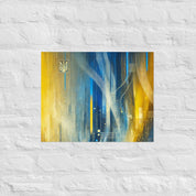 Modern abstract Ukrainian flag poster with Tryzub emblem in blue and yellow, perfect for contemporary wall art decor.