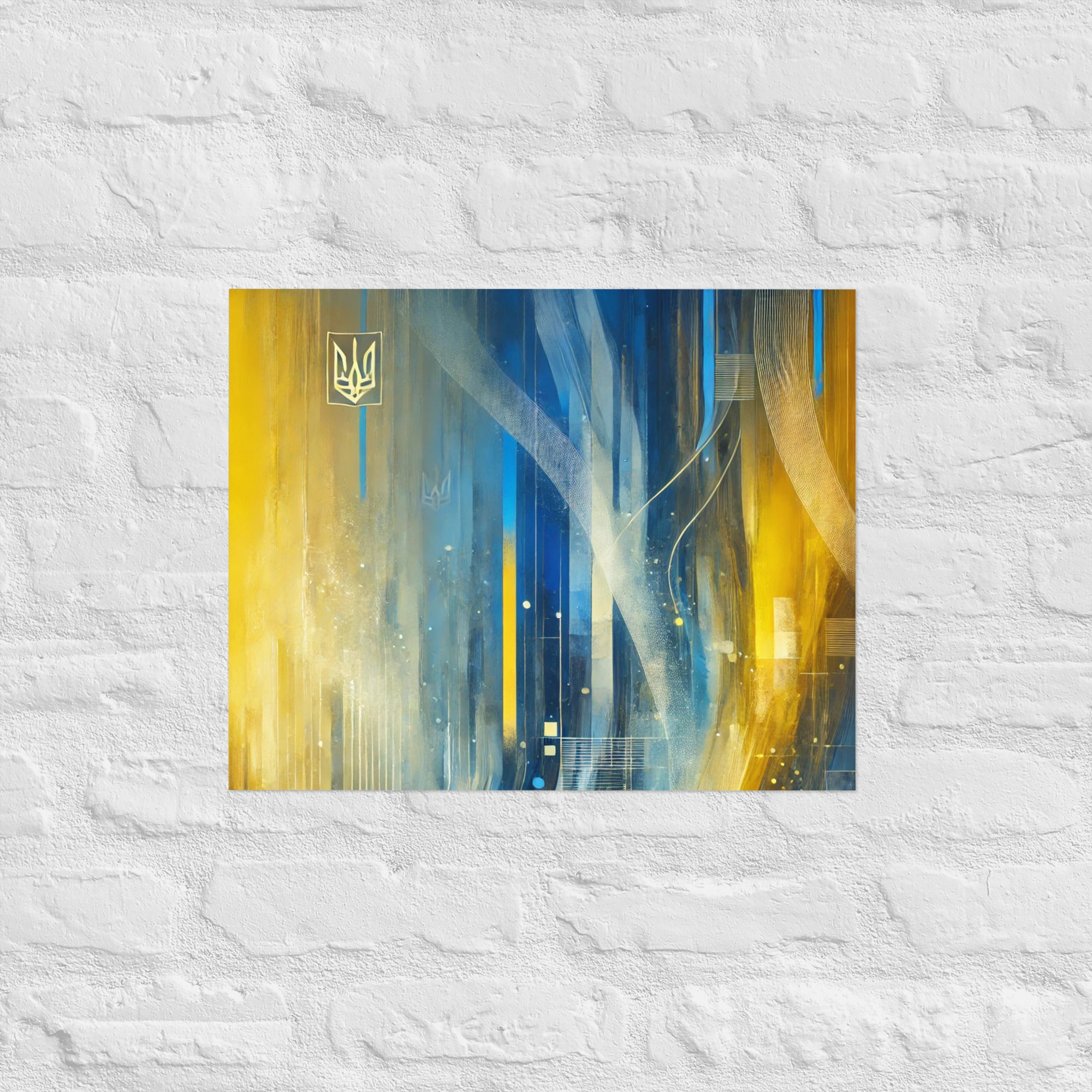 Modern abstract Ukrainian flag poster with Tryzub emblem in blue and yellow, perfect for contemporary wall art decor.