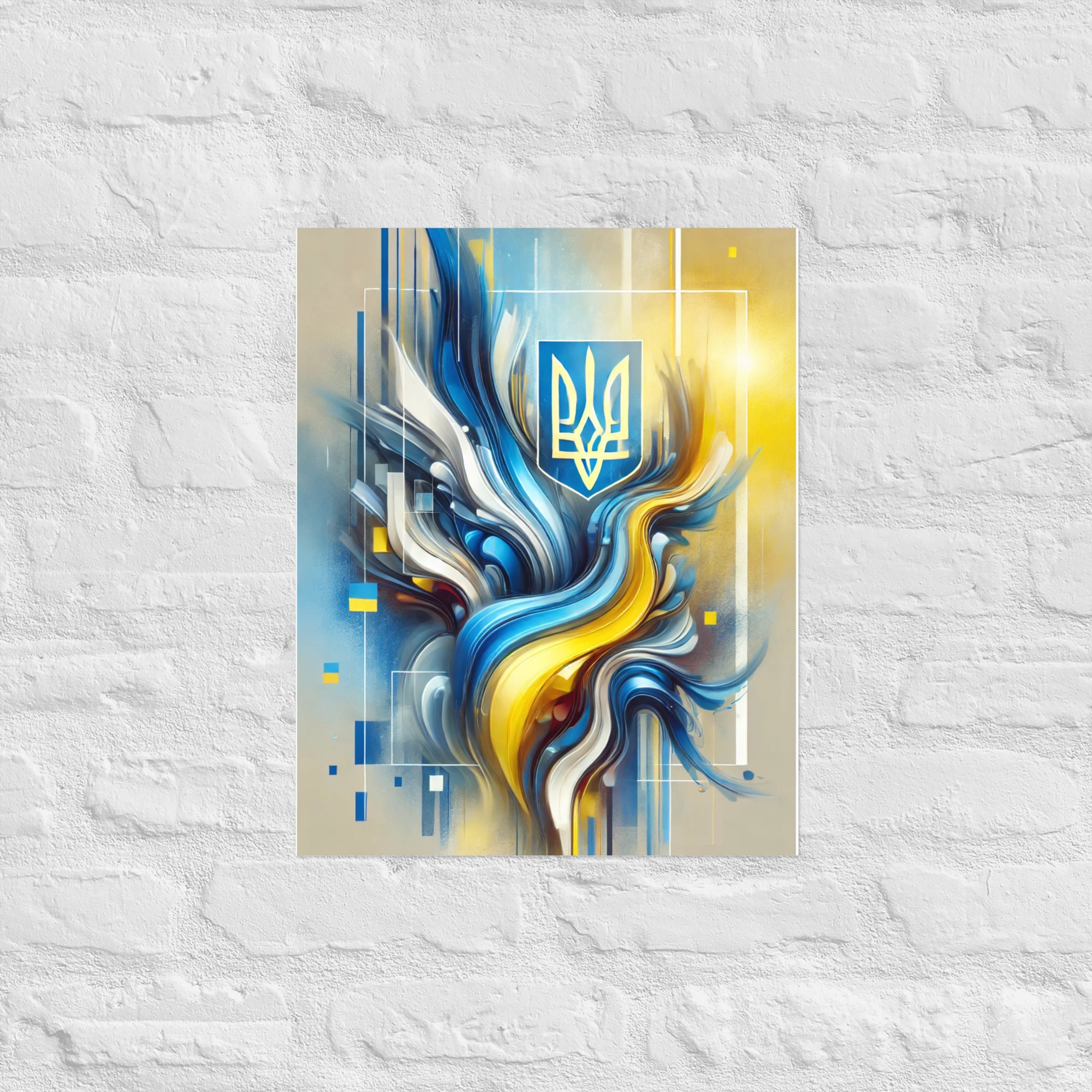 Modern Ukrainian flag abstract art with Tryzub emblem in blue and yellow on white brick wall.