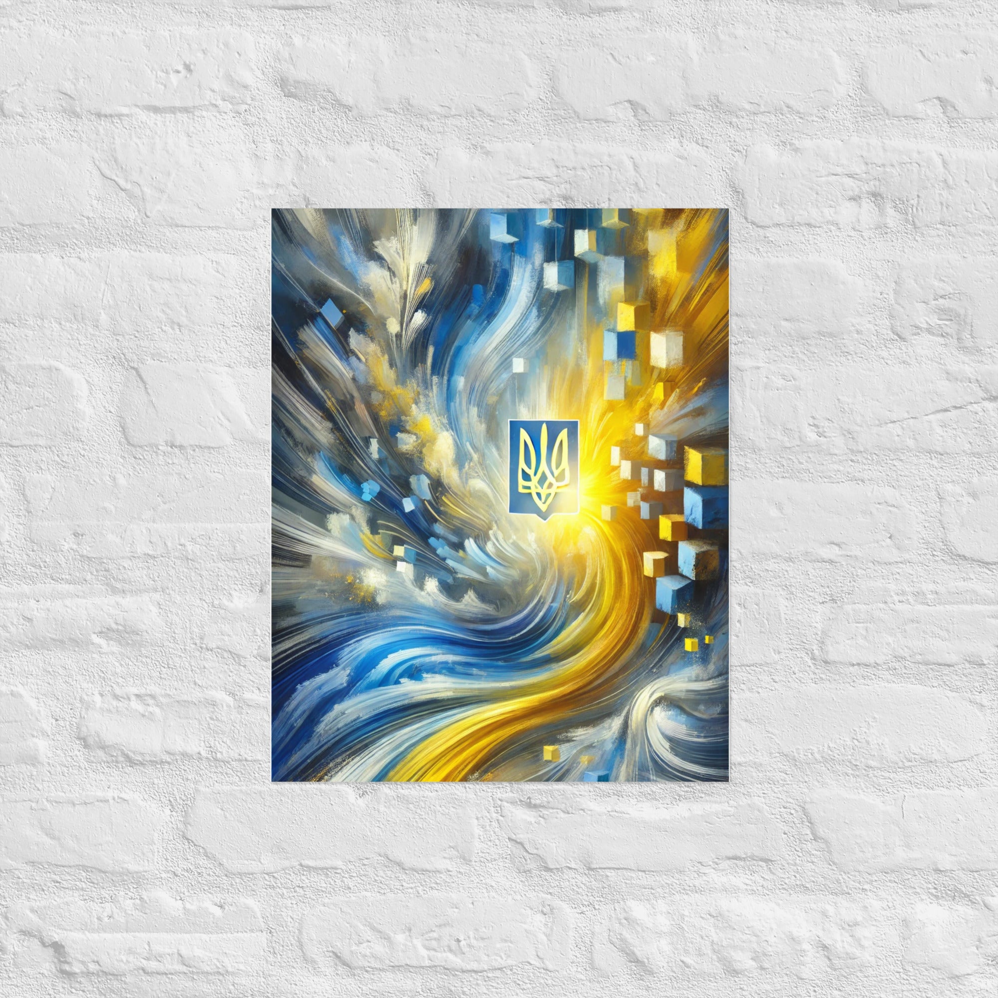 Abstract Ukrainian flag art poster with Tryzub emblem, showcasing blue and yellow colors, perfect for modern wall decor.