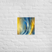 Modern abstract Ukrainian flag poster with Tryzub emblem, featuring bold blue and yellow design on white brick wall.