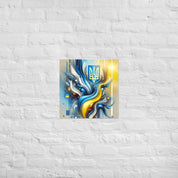 Modern abstract art poster featuring Ukrainian flag with Tryzub emblem in blue and yellow on white brick wall.