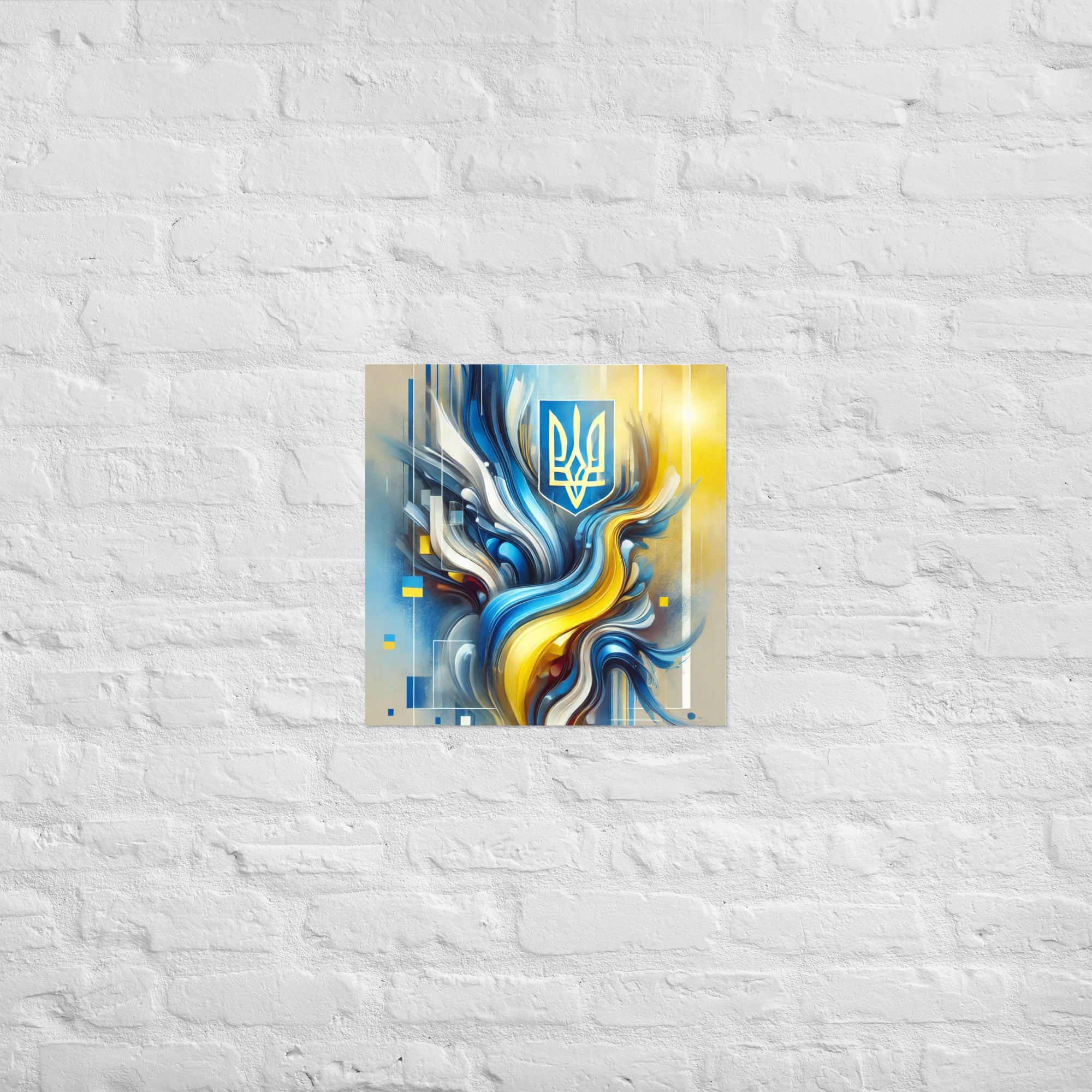 Modern abstract art poster featuring Ukrainian flag with Tryzub emblem in blue and yellow on white brick wall.