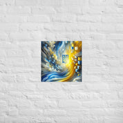 Abstract Ukrainian flag art poster with Tryzub emblem in blue and yellow, modern wall decor for home or office.