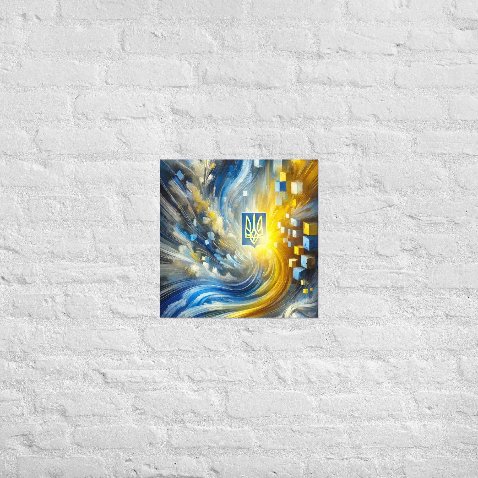 Abstract Ukrainian flag art poster with Tryzub emblem in blue and yellow, modern wall decor for home or office.