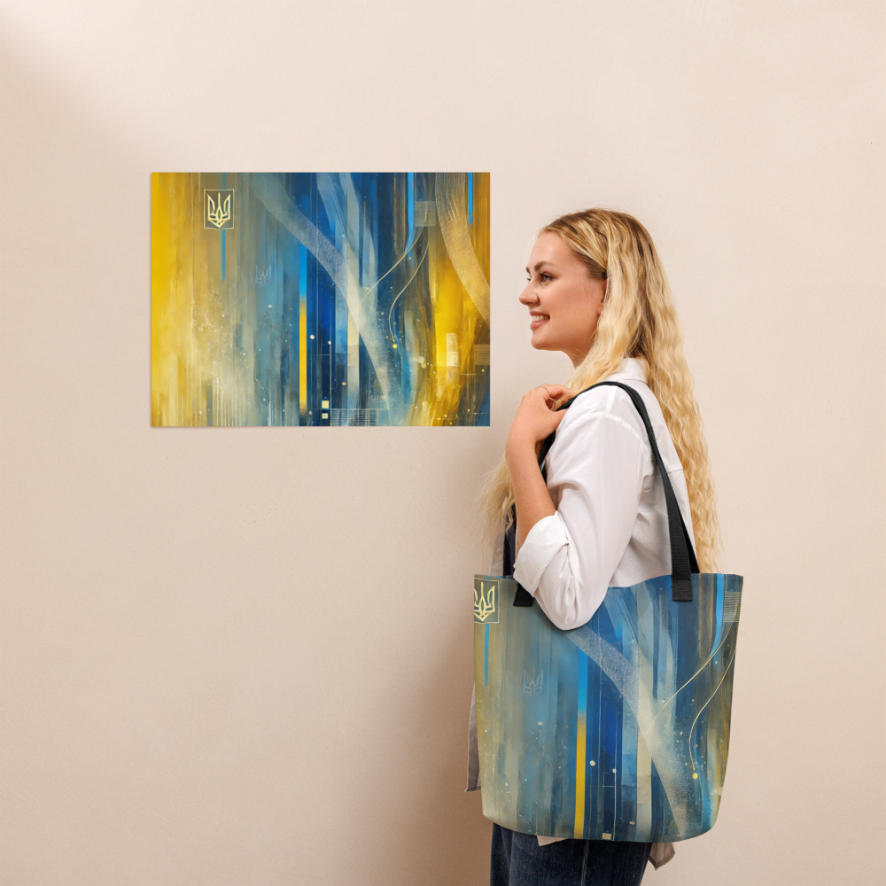Woman with tote bag admiring modern abstract Ukrainian flag poster with Tryzub emblem on wall.