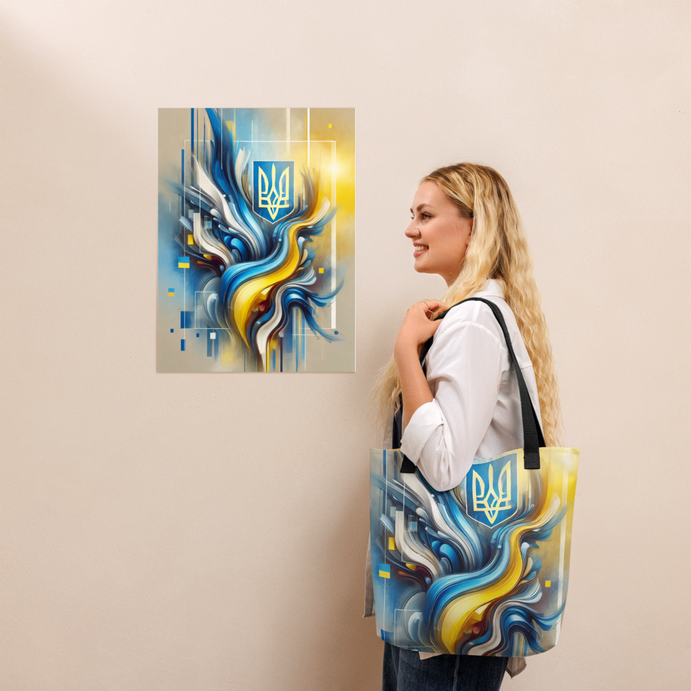 Woman showcases abstract Ukrainian flag art with Tryzub emblem on wall and matching tote bag.