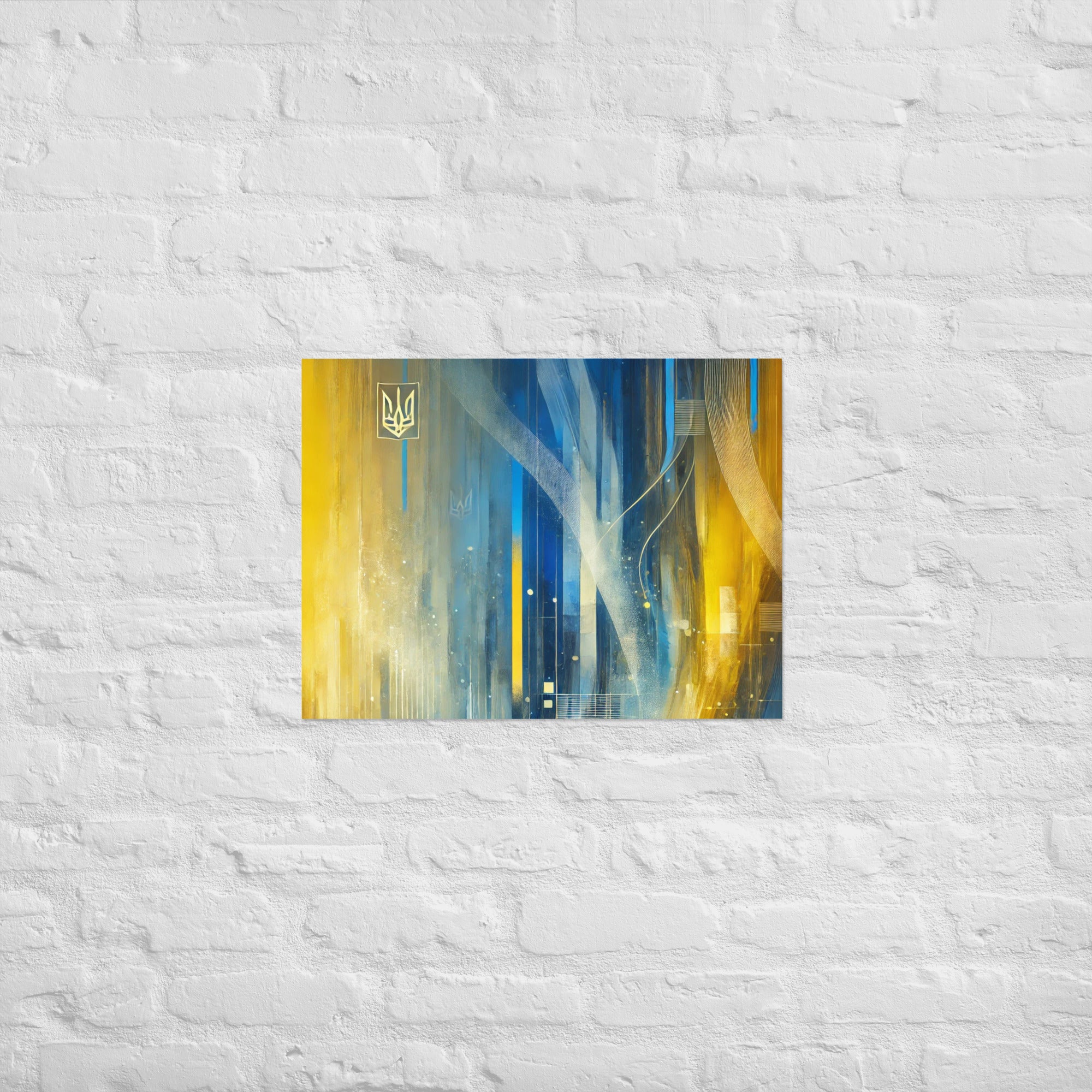 abstract Ukrainian art,blue and yellow decor,contemporary Ukraine artwork,modern Ukraine poster,patriotic home decor,Tryzub emblem poster,Tryzub wall art,Ukraine flag wall art,Ukrainian flag poster,Ukrainian office decor