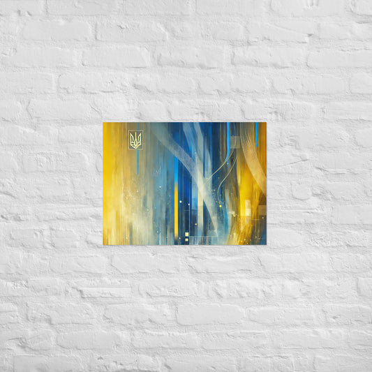 Modern Abstract Ukrainian Flag Poster with Tryzub Emblem – Contemporary Blue and Yellow Wall Art for Home or Office