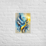 Modern Ukrainian flag abstract art with Tryzub emblem in blue and yellow, perfect for home or office decor.