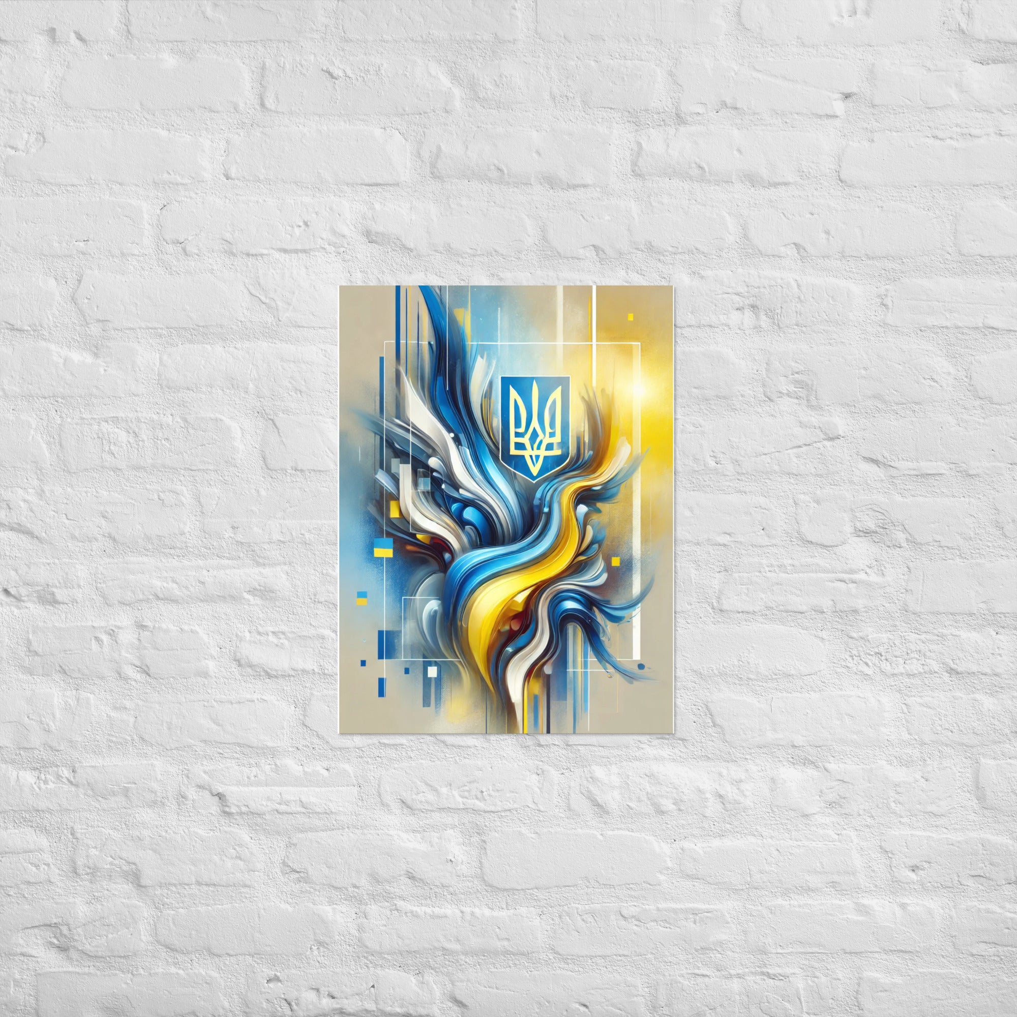 Modern Ukrainian flag abstract art with Tryzub emblem in blue and yellow, perfect for home or office decor.