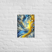 Abstract Ukrainian flag art poster with Tryzub emblem, featuring vibrant blue and yellow colors on a sleek contemporary design.