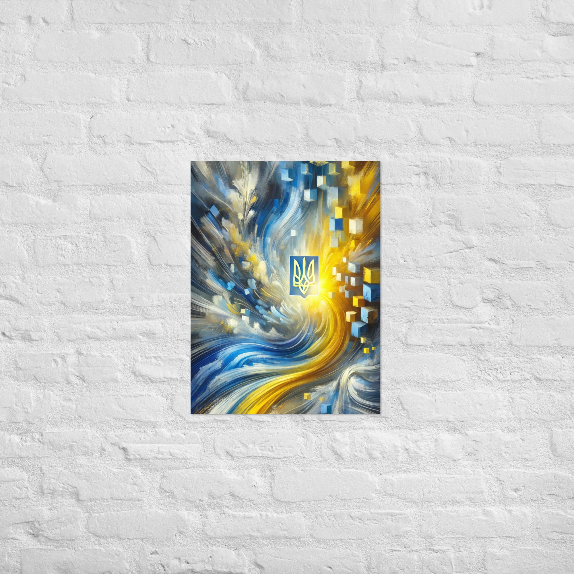 Abstract Ukrainian flag art poster with Tryzub emblem, featuring vibrant blue and yellow colors on a sleek contemporary design.