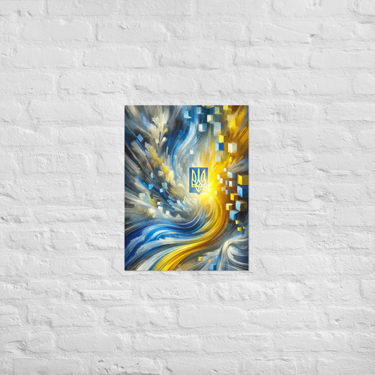 Abstract Ukrainian Flag Art Poster with Tryzub Emblem – Blue and Yellow Patriotic Wall Art for Home or Office Decor