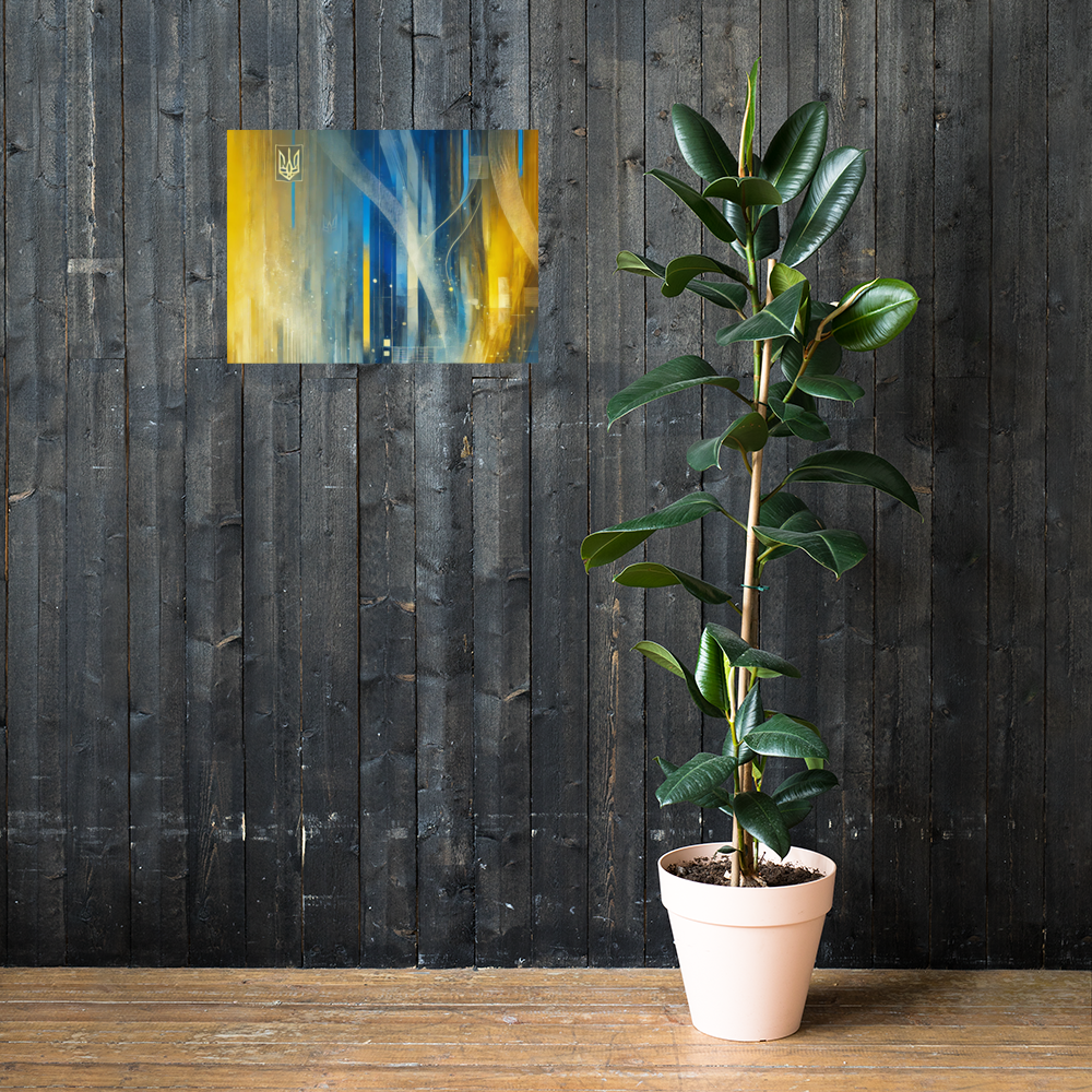 Modern abstract Ukrainian flag poster with Tryzub emblem on dark wall, next to a potted plant.