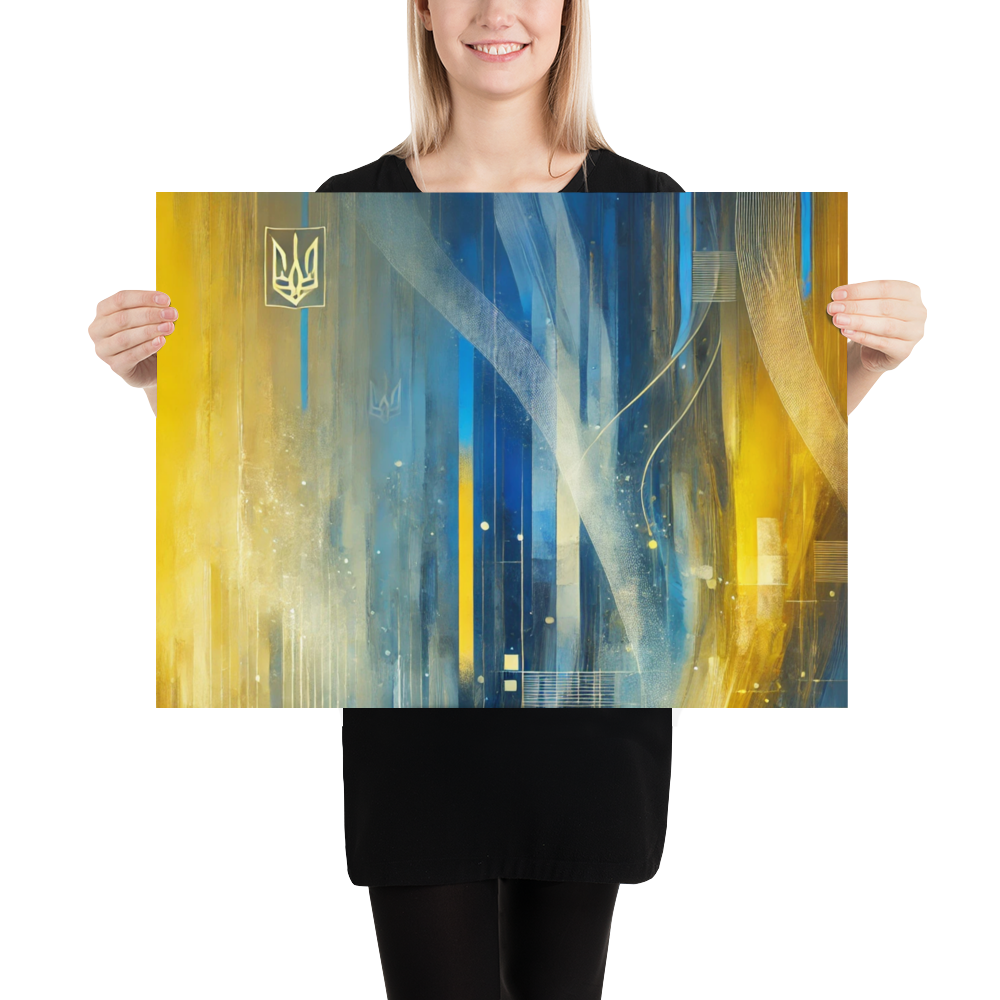 Modern abstract Ukrainian flag poster with Tryzub emblem, blue and yellow design held by woman, contemporary wall art decor.