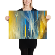 Modern abstract Ukrainian flag poster with Tryzub emblem, blue and yellow design held by woman, contemporary wall art decor.