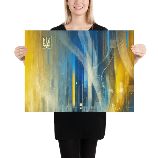 Modern abstract Ukrainian flag poster with Tryzub emblem, blue and yellow design held by woman, contemporary wall art decor.