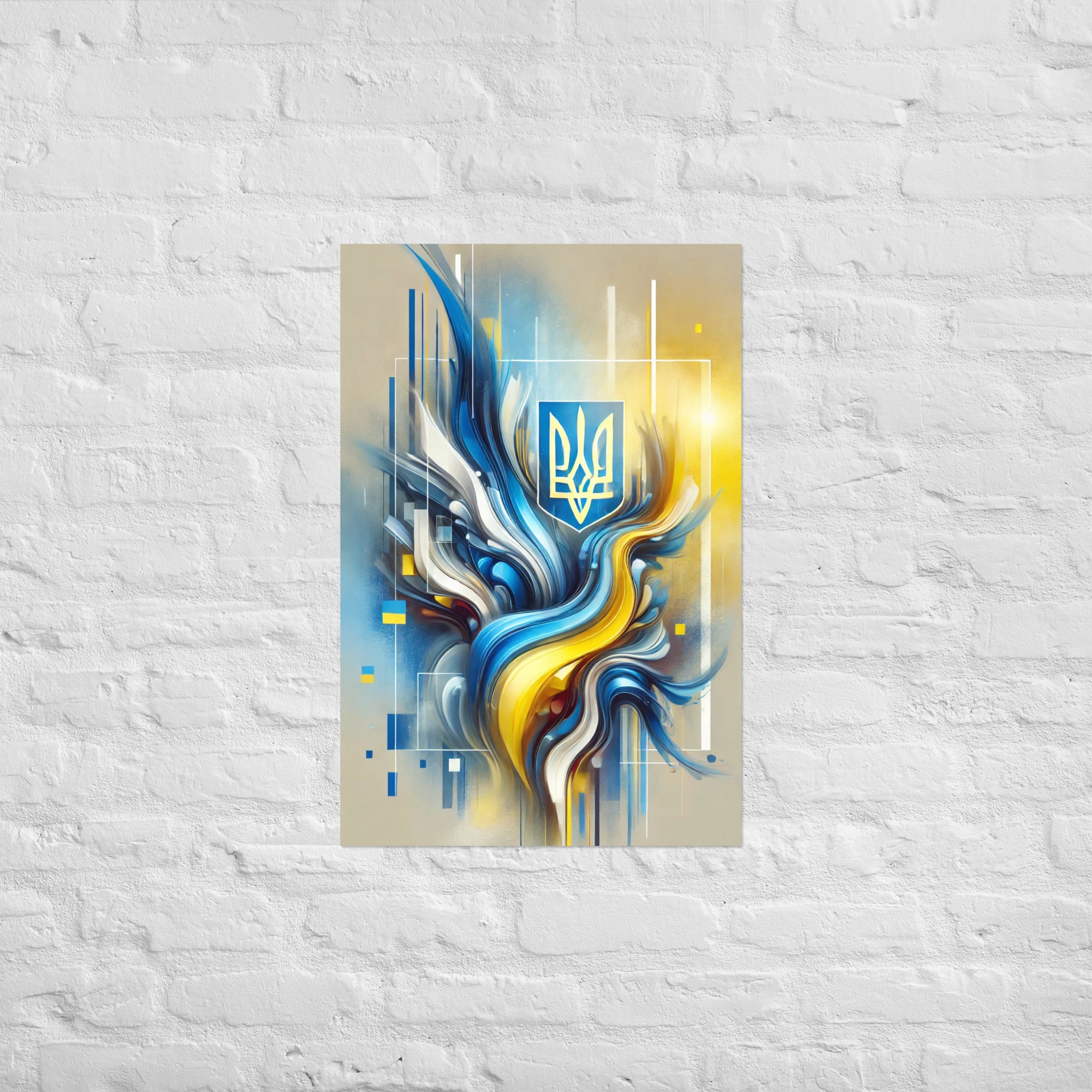 Modern Ukrainian flag abstract art with Tryzub emblem in blue and yellow on a poster against a white brick wall.