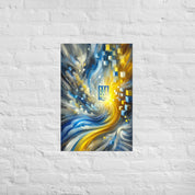 Abstract Ukrainian flag art with Tryzub emblem in blue and yellow, modern wall decor for home or office.