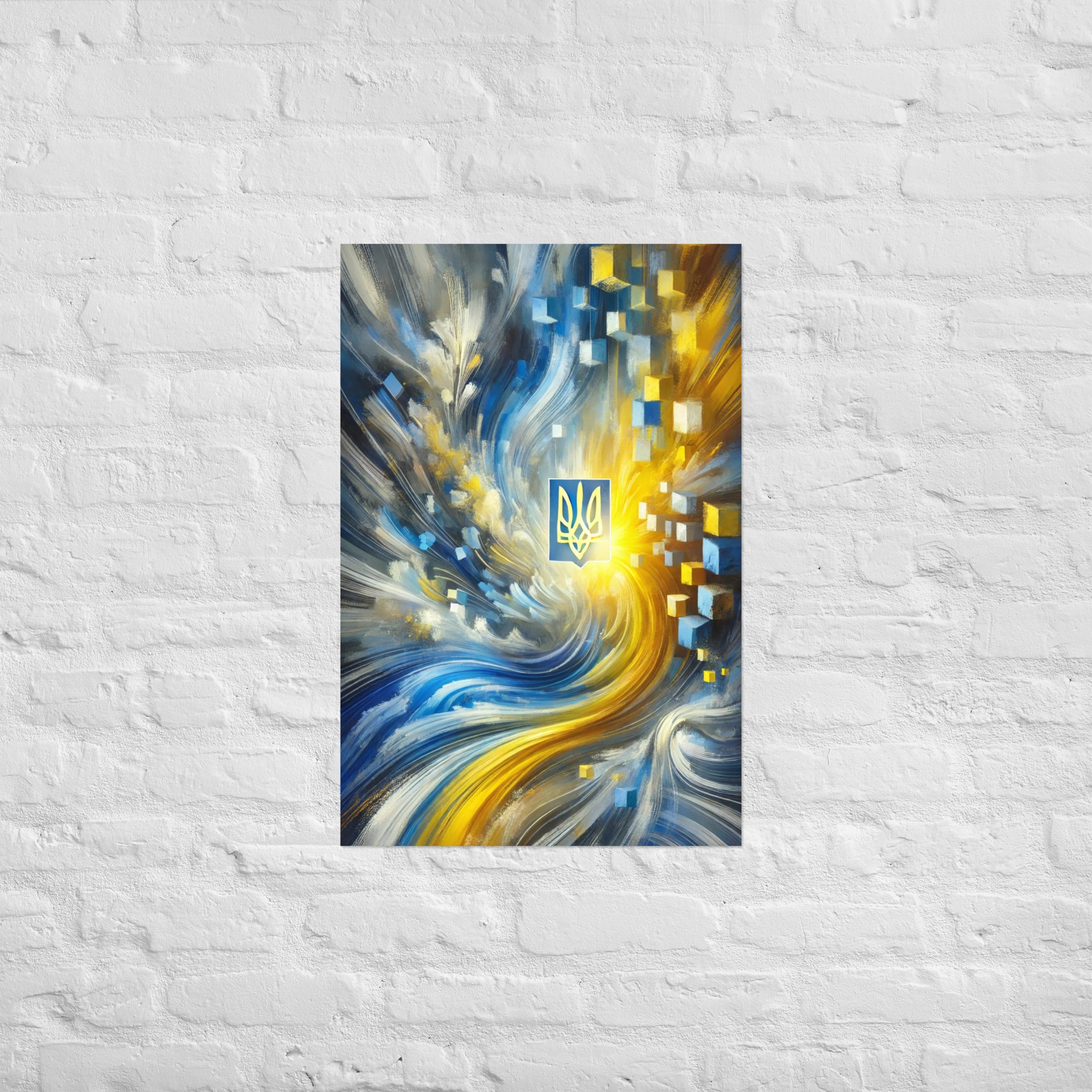 Abstract Ukrainian flag art with Tryzub emblem in blue and yellow, modern wall decor for home or office.