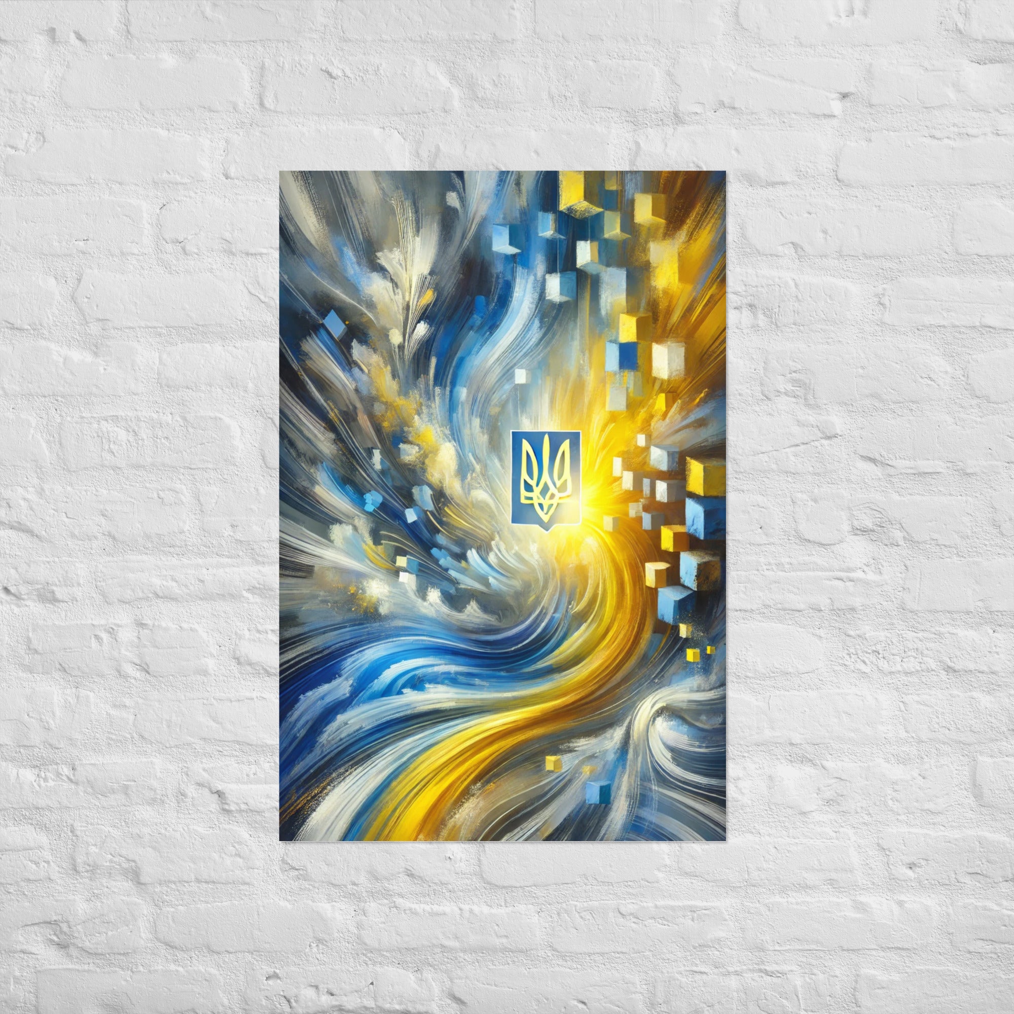 Abstract Ukrainian flag art poster with Tryzub emblem, featuring vibrant blue and yellow swirls for modern patriotic wall decor.