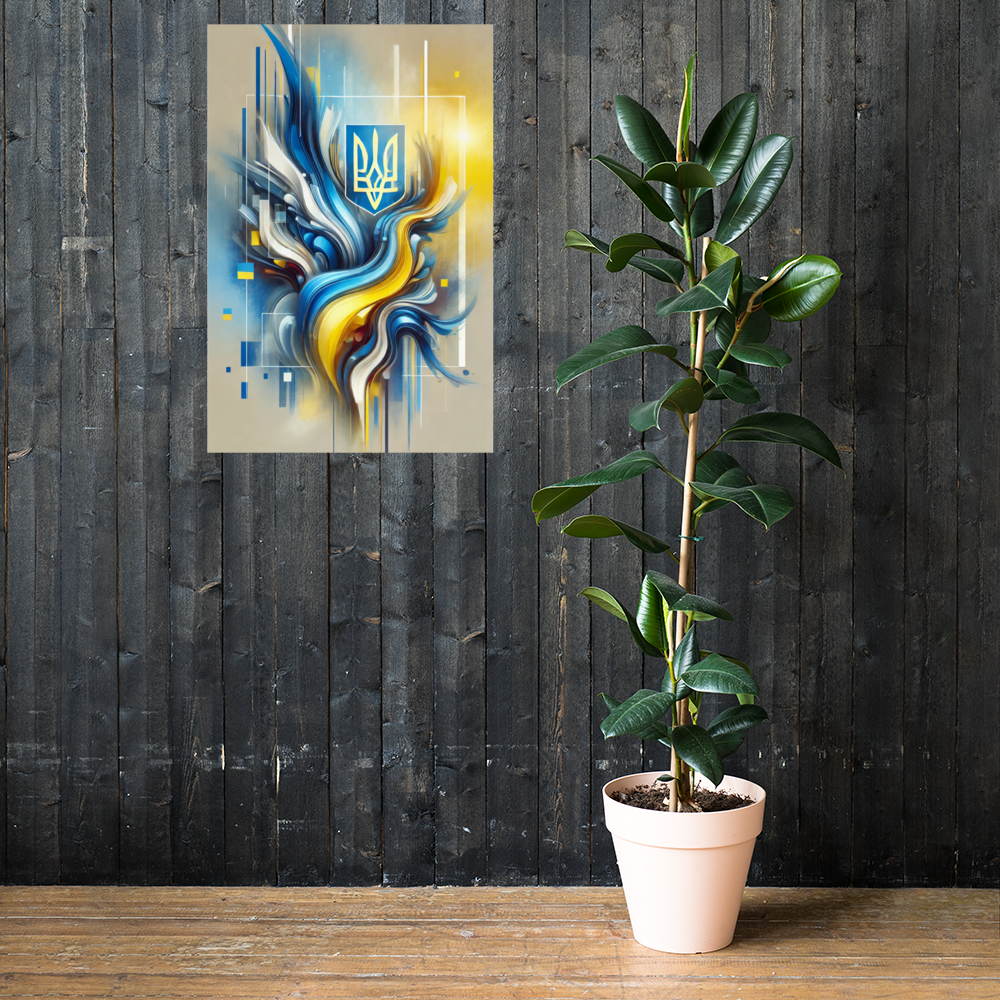 Modern Ukrainian flag abstract art with Tryzub emblem on wall next to potted plant, featuring vibrant blue and yellow design.