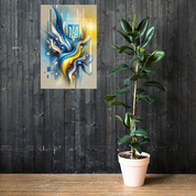 Modern Ukrainian flag abstract art with Tryzub emblem on wall next to potted plant, featuring vibrant blue and yellow design.