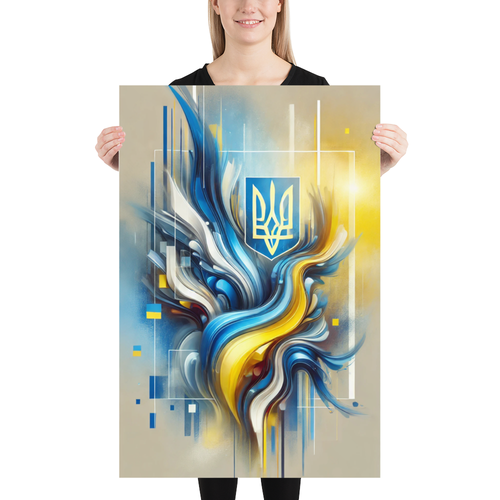 Modern Ukrainian flag abstract art with Tryzub emblem, featuring vibrant blue and yellow design held by person.