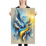 Modern Ukrainian flag abstract art with Tryzub emblem, featuring vibrant blue and yellow design held by person.