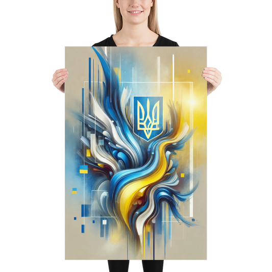 Modern Ukrainian flag abstract art with Tryzub emblem, featuring vibrant blue and yellow design held by person.