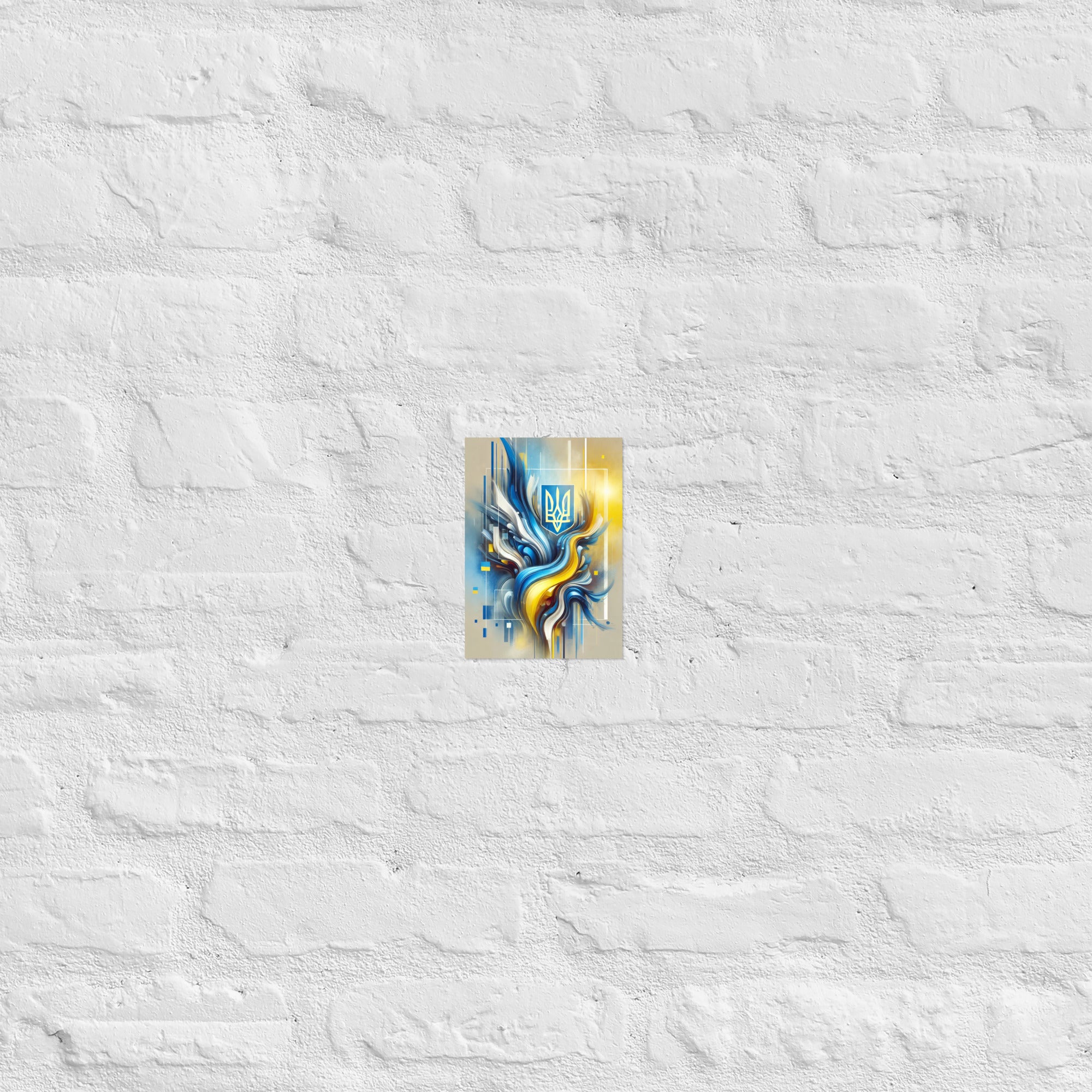 Modern Ukrainian flag abstract art with Tryzub emblem in blue and yellow, ideal for home or office decor, showcasing Ukrainian pride.