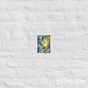 Abstract modern Ukrainian flag art with Tryzub emblem, featuring blue and yellow colors, on white brick wall for bold decor.