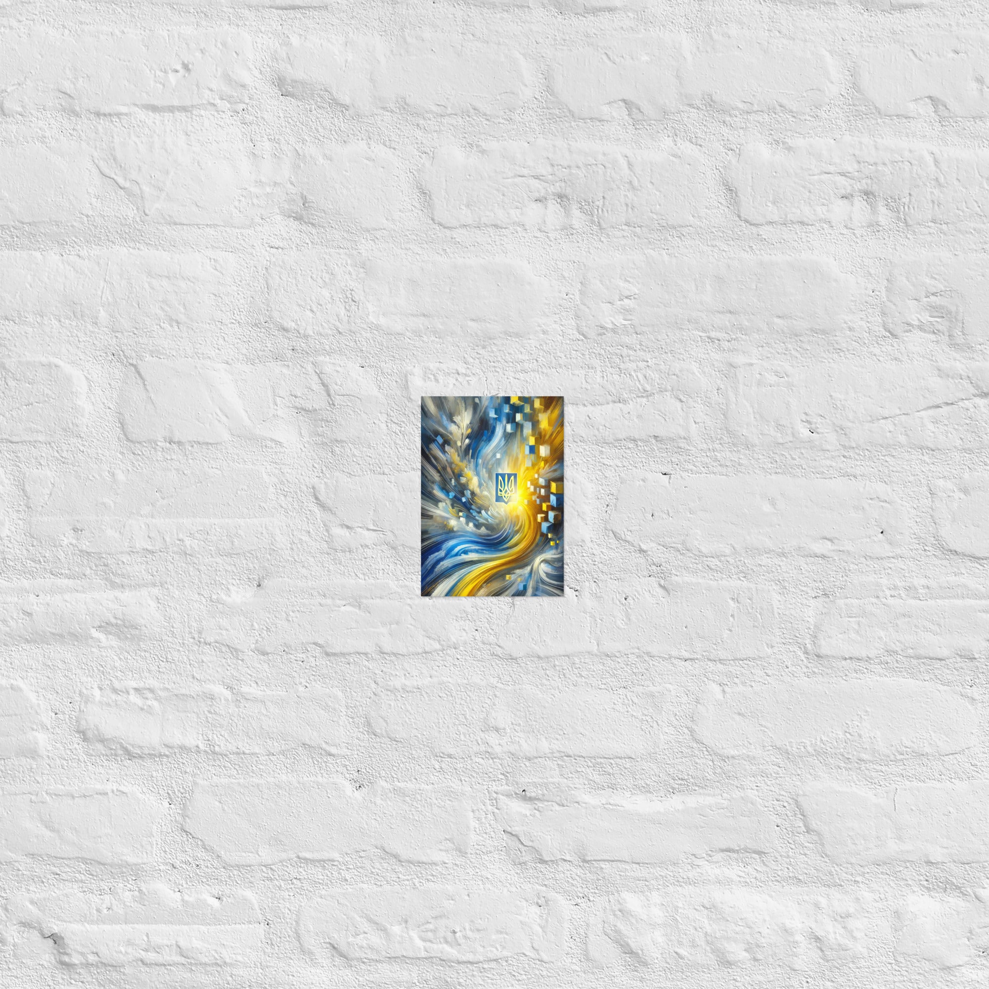 Abstract modern Ukrainian flag art with Tryzub emblem, featuring blue and yellow colors, on white brick wall for bold decor.