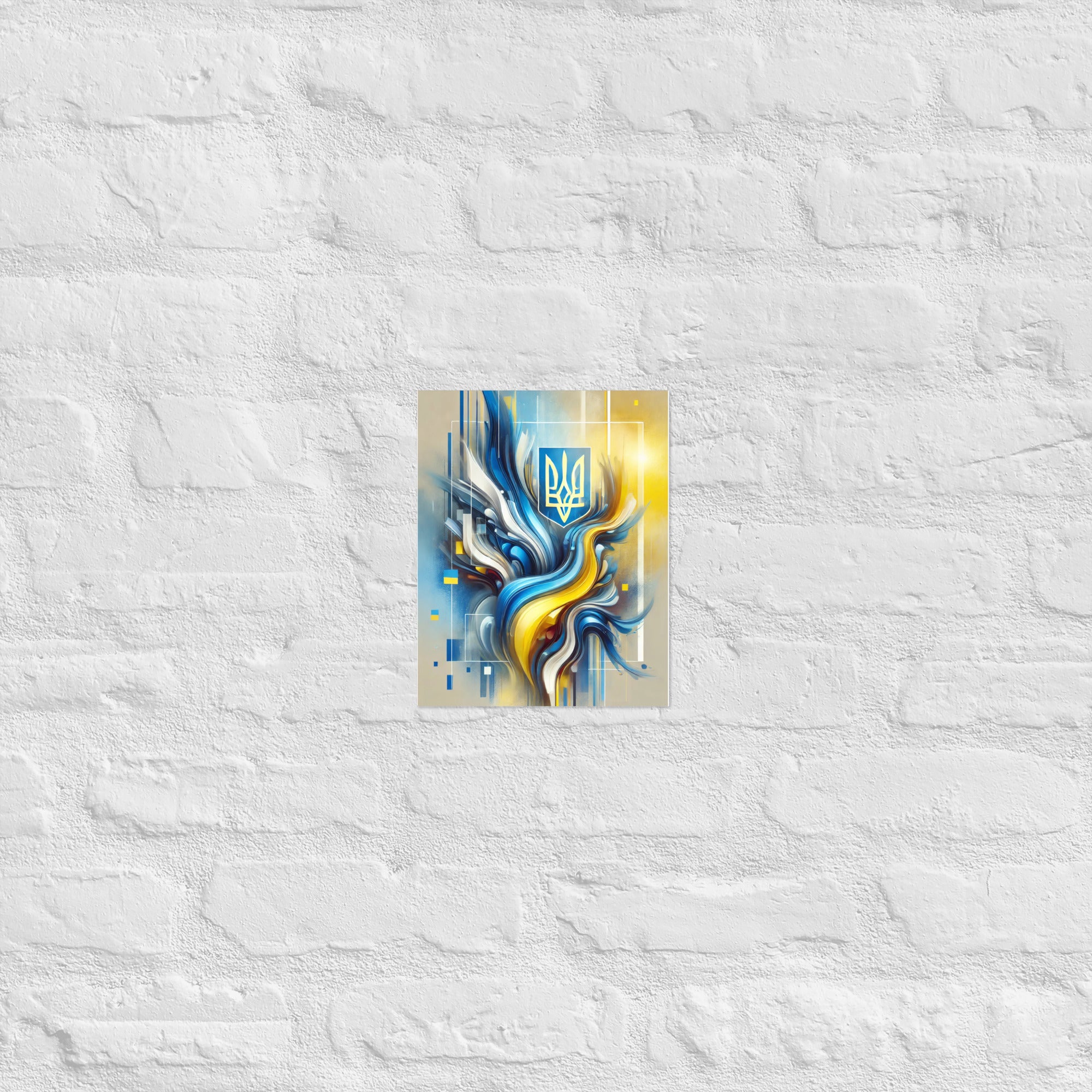 Modern Ukrainian flag abstract art with Tryzub, blue and yellow design, vibrant decor celebrating Ukrainian pride.