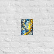 Modern Ukrainian flag art poster with vibrant blue and yellow Tryzub design, perfect for patriotic home or office decor.