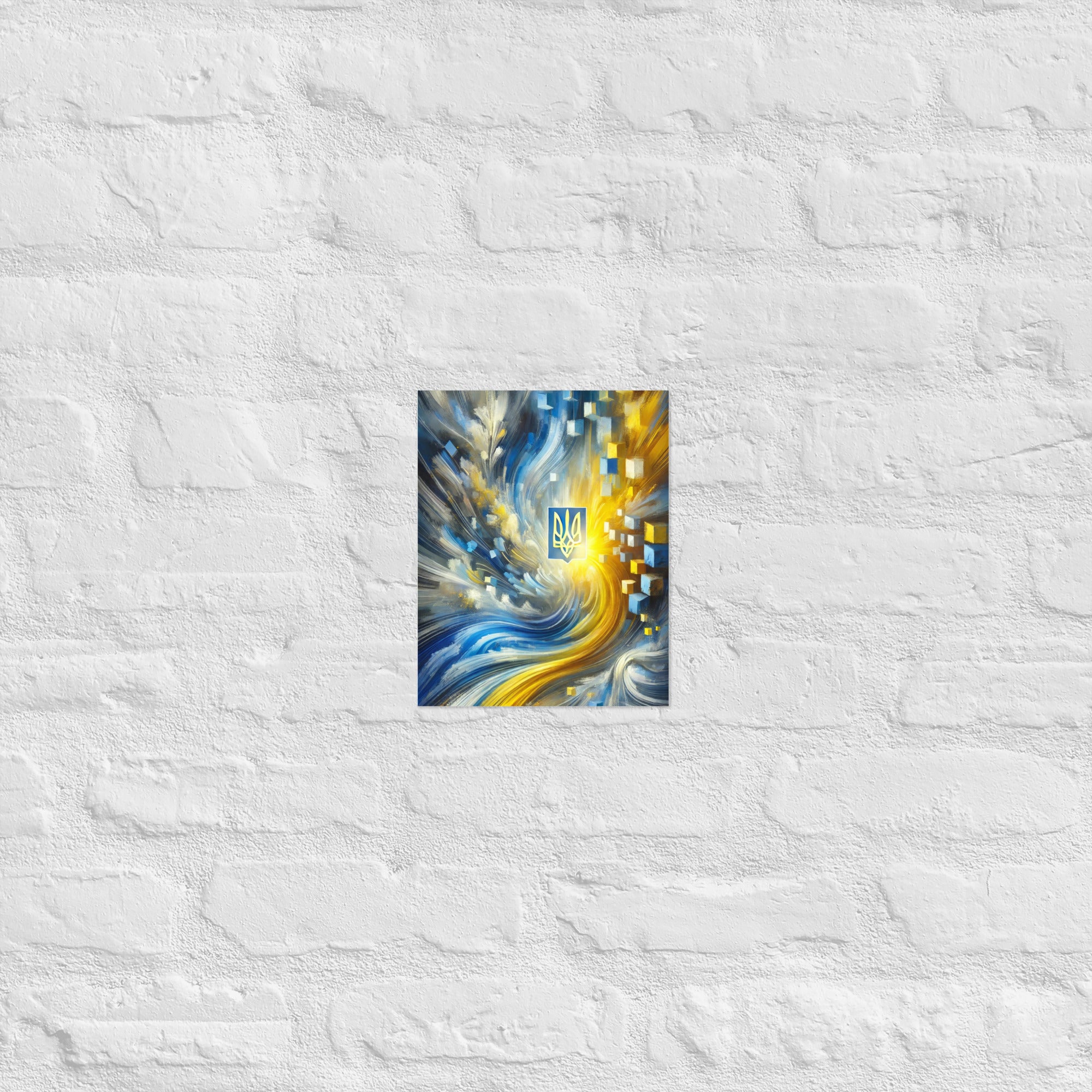 Modern Ukrainian flag art poster with vibrant blue and yellow Tryzub design, perfect for patriotic home or office decor.