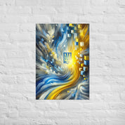 Abstract Ukrainian flag art with Tryzub emblem in blue and yellow, modern wall decor for home or office.