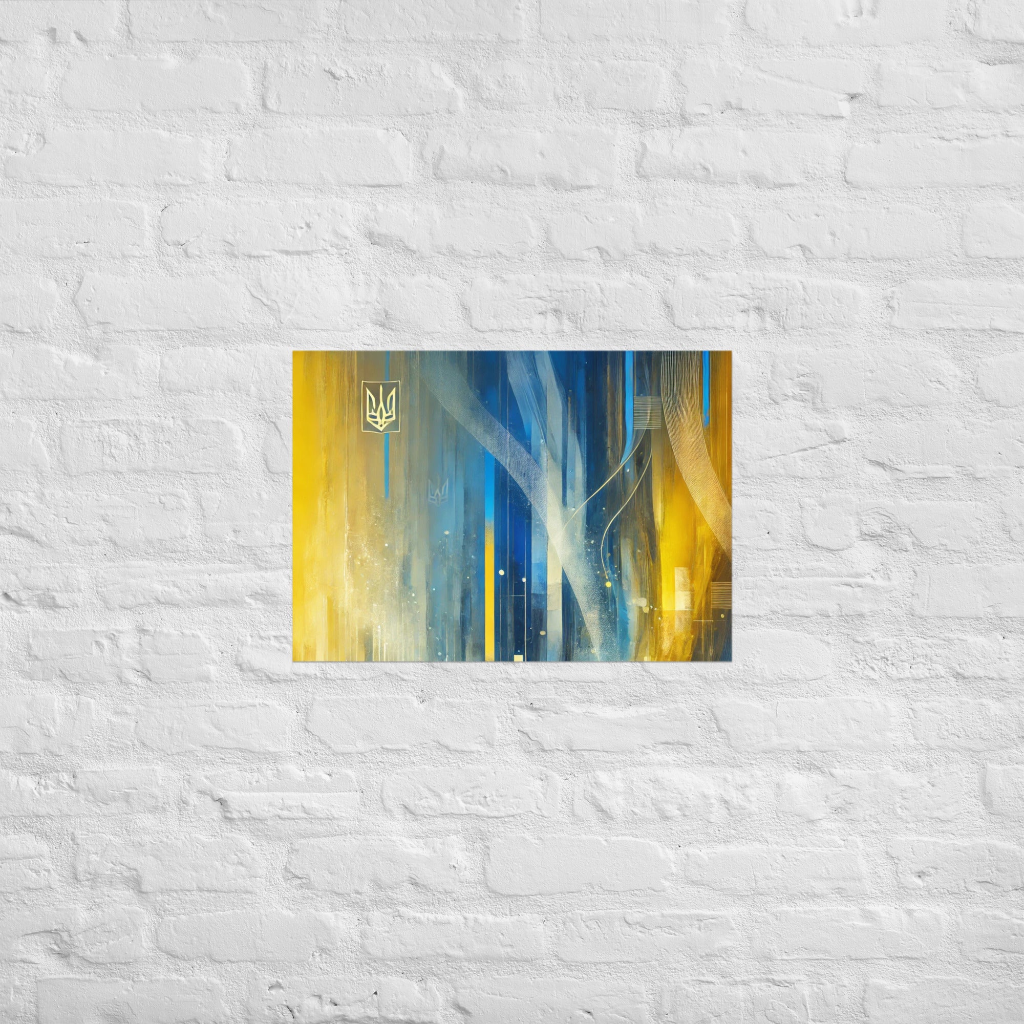 Modern abstract Ukrainian flag poster with Tryzub emblem, featuring bold blue and yellow design on a white brick wall.