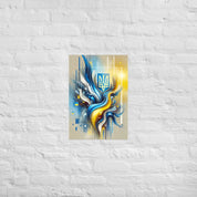Modern abstract art poster with Ukrainian flag colors and Tryzub emblem on a white brick wall.