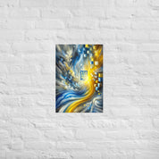 Abstract Ukrainian flag art with Tryzub emblem, featuring vibrant blue and yellow colors on a white brick wall.