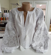 Women's Ethnic White Vyshyvanka Blouse with Ukrainian Cross-Stitch Embroidery on Homespun Fabric